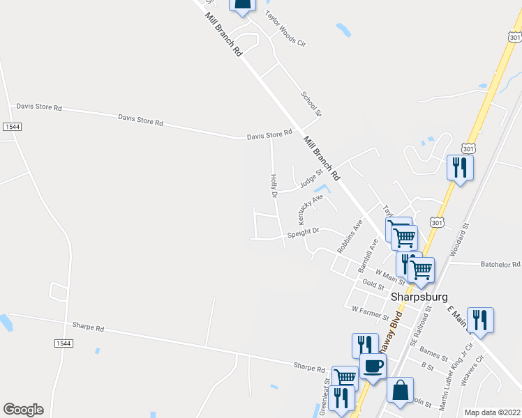 map of restaurants, bars, coffee shops, grocery stores, and more near 301 Oak Forest Drive Northwest in Rocky Mount