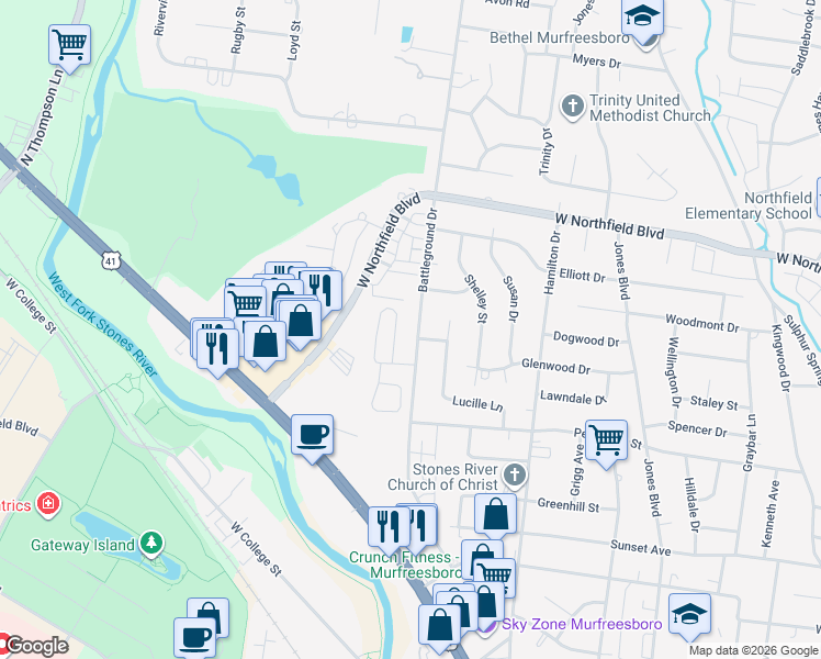map of restaurants, bars, coffee shops, grocery stores, and more near 1807 Battleground Drive in Murfreesboro