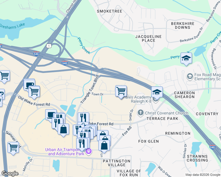 map of restaurants, bars, coffee shops, grocery stores, and more near Town Drive in Raleigh