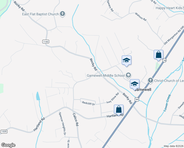 map of restaurants, bars, coffee shops, grocery stores, and more near 4966 Calico Road in Lenoir