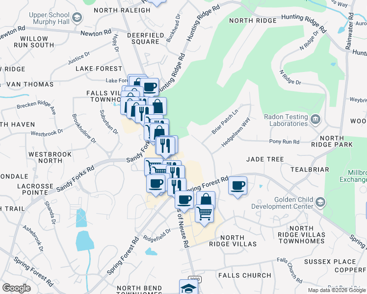 map of restaurants, bars, coffee shops, grocery stores, and more near 6408 Falls of Neuse Rd in Raleigh