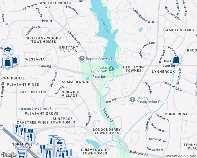map of restaurants, bars, coffee shops, grocery stores, and more near 201 Broad Leaf Circle in Raleigh