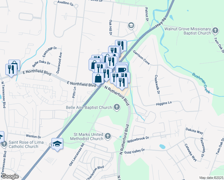 map of restaurants, bars, coffee shops, grocery stores, and more near 1619 North Rutherford Boulevard in Murfreesboro