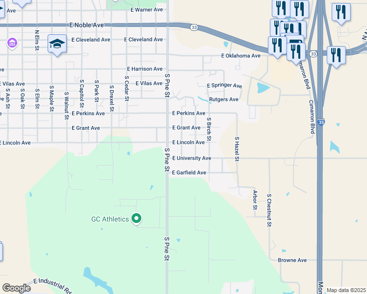 map of restaurants, bars, coffee shops, grocery stores, and more near 1614 East University Avenue in Guthrie