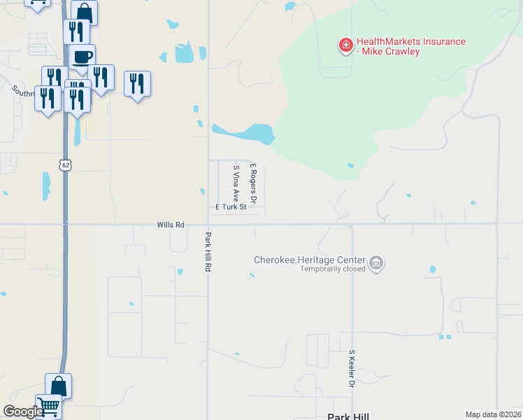 map of restaurants, bars, coffee shops, grocery stores, and more near 19190 East Willis Road in Tahlequah