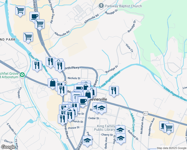 map of restaurants, bars, coffee shops, grocery stores, and more near 307 Jackson Street in Sevierville