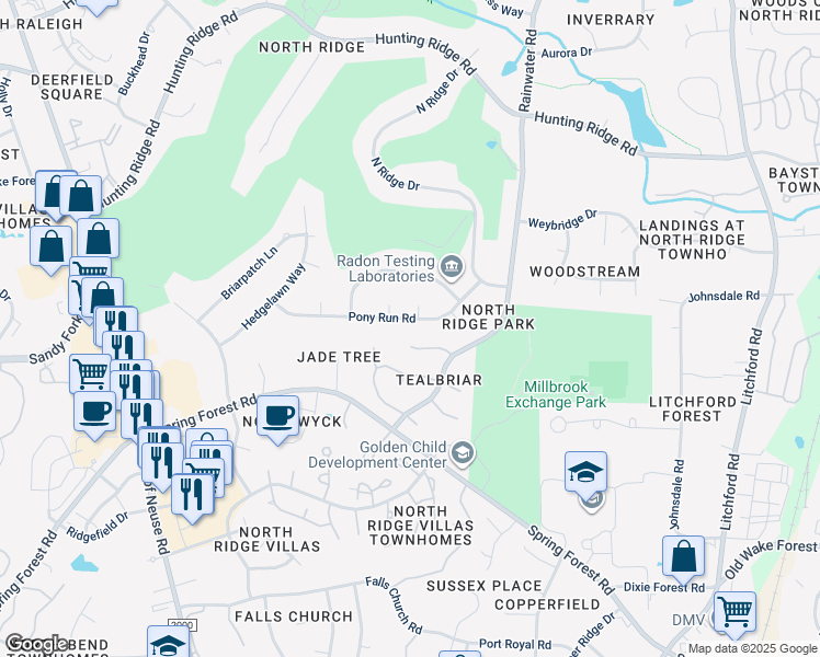map of restaurants, bars, coffee shops, grocery stores, and more near 1708 Pony Run Road in Raleigh
