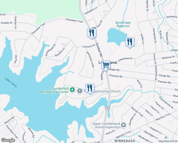 map of restaurants, bars, coffee shops, grocery stores, and more near 3111 Seminole Loop in Crossville