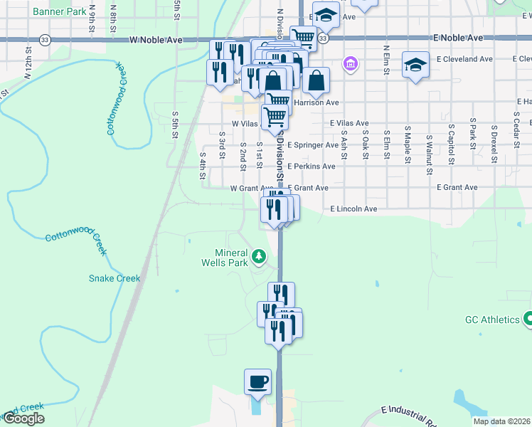 map of restaurants, bars, coffee shops, grocery stores, and more near 714 South 1st Street in Guthrie