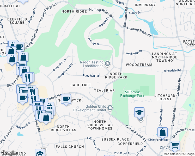 map of restaurants, bars, coffee shops, grocery stores, and more near 1708 Pony Run Road in Raleigh