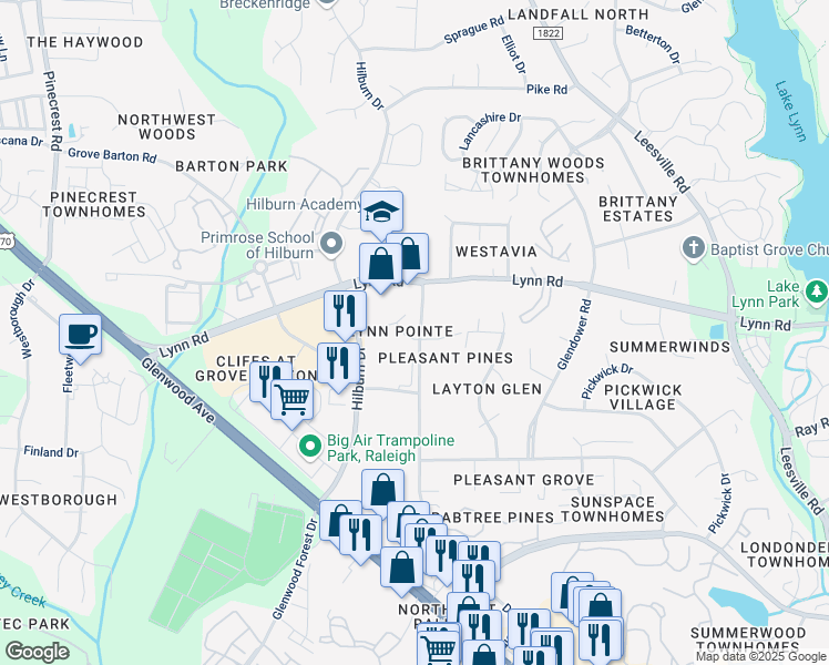 map of restaurants, bars, coffee shops, grocery stores, and more near 4700 Wellington Downs in Raleigh