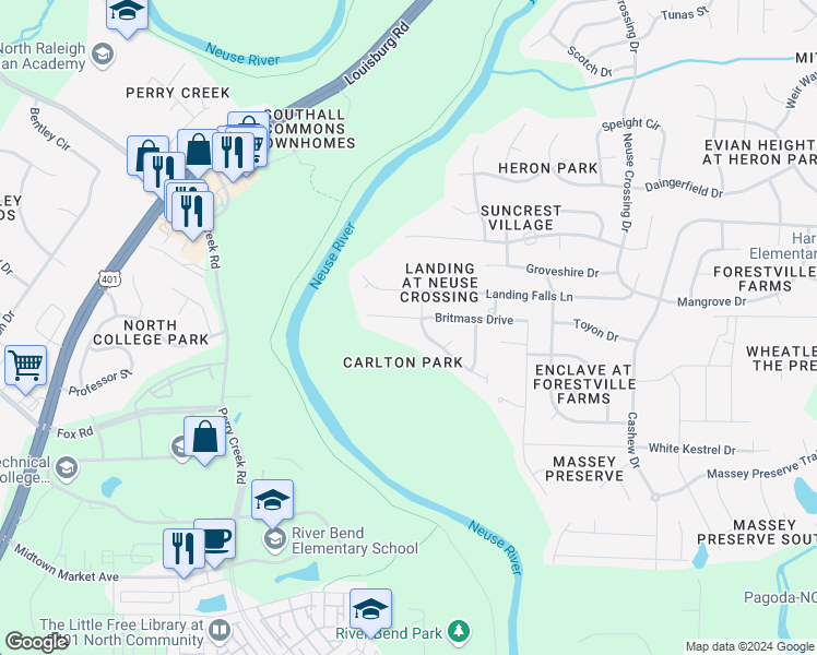 map of restaurants, bars, coffee shops, grocery stores, and more near 3743 Landshire View Lane in Raleigh
