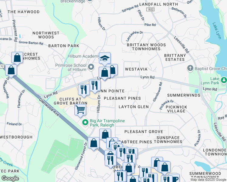 map of restaurants, bars, coffee shops, grocery stores, and more near 4700 Wellington Downs in Raleigh