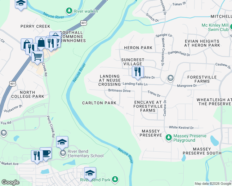 map of restaurants, bars, coffee shops, grocery stores, and more near 3636 Landshire View Lane in Raleigh