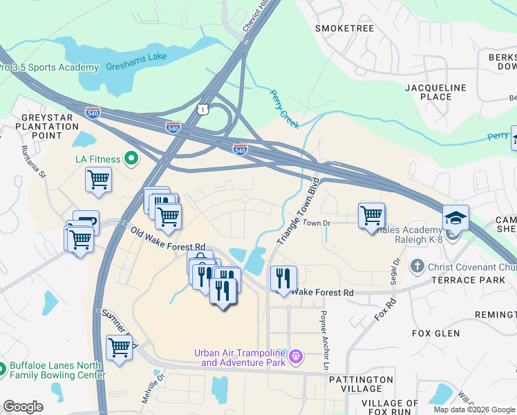 map of restaurants, bars, coffee shops, grocery stores, and more near 7651 Old Wake Forest Road in Raleigh
