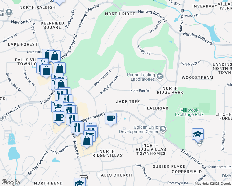 map of restaurants, bars, coffee shops, grocery stores, and more near 1309 Spring Forest Road in Raleigh