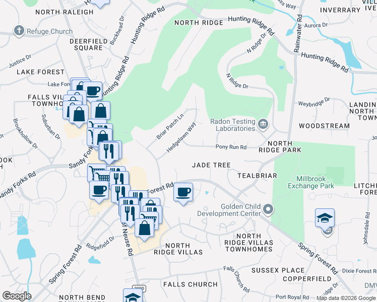 map of restaurants, bars, coffee shops, grocery stores, and more near 1309 Spring Forest Road in Raleigh