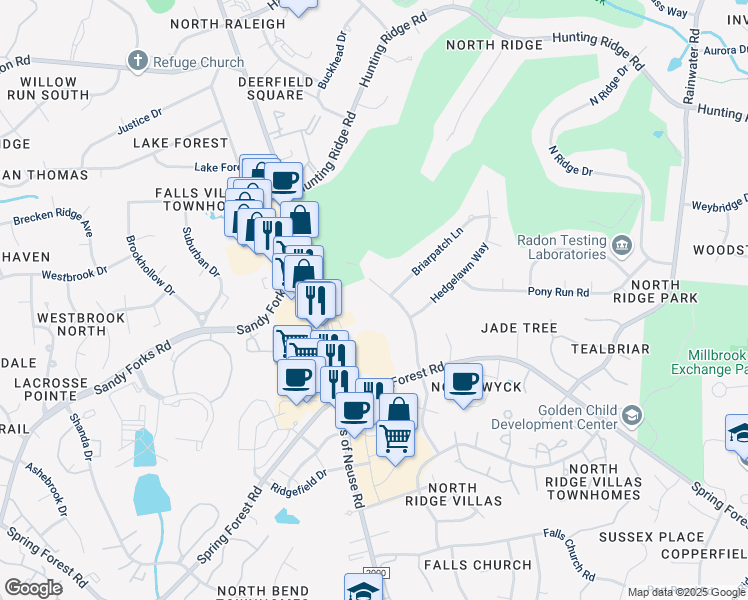 map of restaurants, bars, coffee shops, grocery stores, and more near 6419 New Market Way in Raleigh