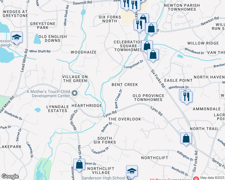 map of restaurants, bars, coffee shops, grocery stores, and more near 6540 English Oaks Drive in Raleigh