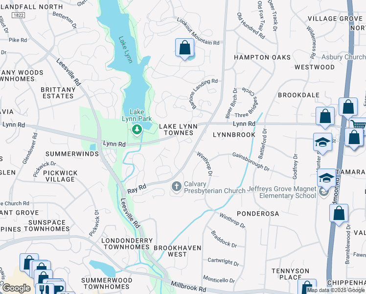 map of restaurants, bars, coffee shops, grocery stores, and more near 6421 Winthrop Drive in Raleigh
