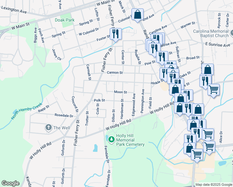 map of restaurants, bars, coffee shops, grocery stores, and more near 223 Moon Street in Thomasville