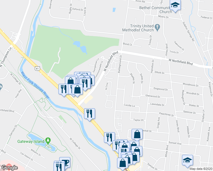 map of restaurants, bars, coffee shops, grocery stores, and more near 1718 North Cove in Murfreesboro