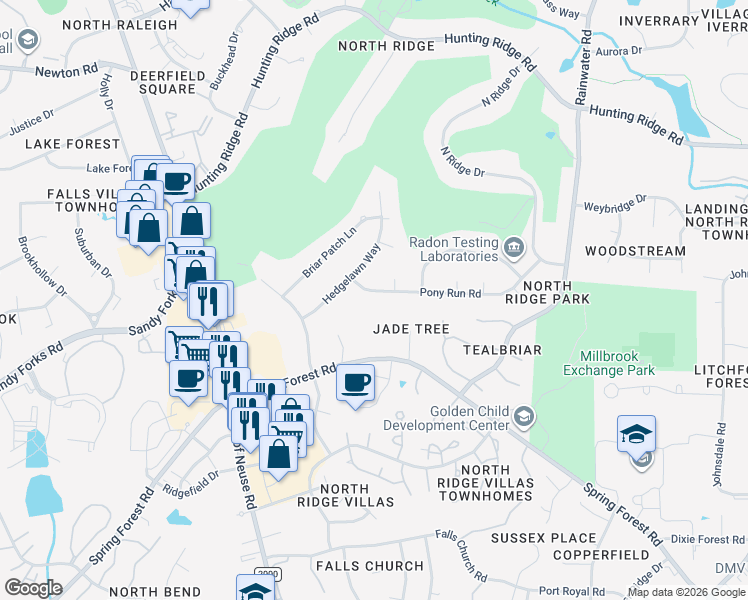 map of restaurants, bars, coffee shops, grocery stores, and more near 1309 Spring Forest Road in Raleigh