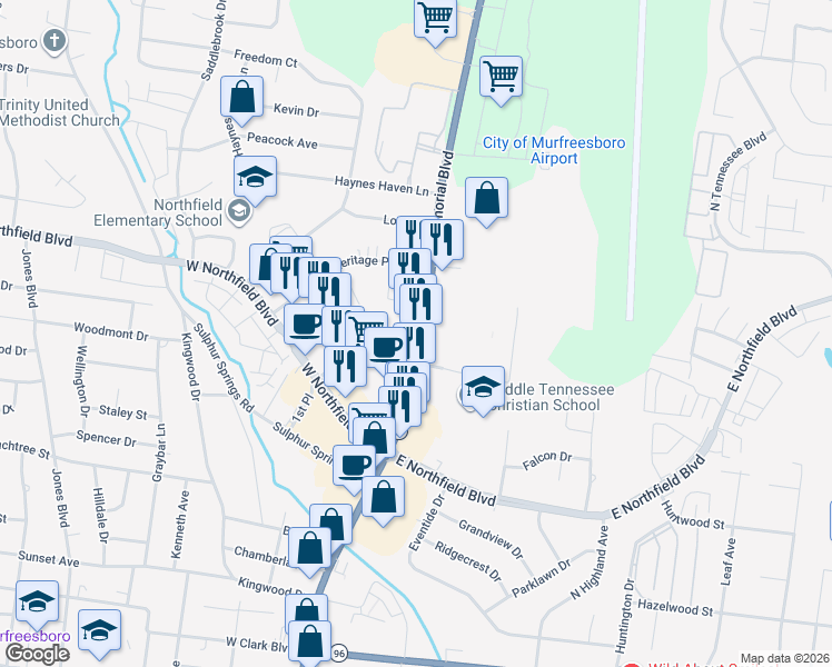 map of restaurants, bars, coffee shops, grocery stores, and more near 1801 Memorial Boulevard in Murfreesboro