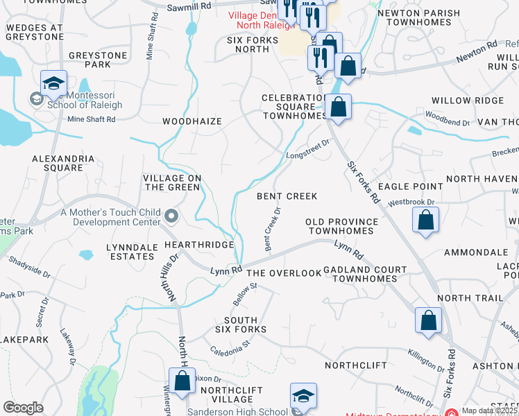 map of restaurants, bars, coffee shops, grocery stores, and more near 6579 English Oaks Drive in Raleigh