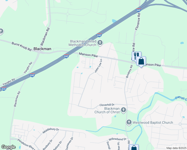 map of restaurants, bars, coffee shops, grocery stores, and more near 1716 John Lee Lane in Murfreesboro
