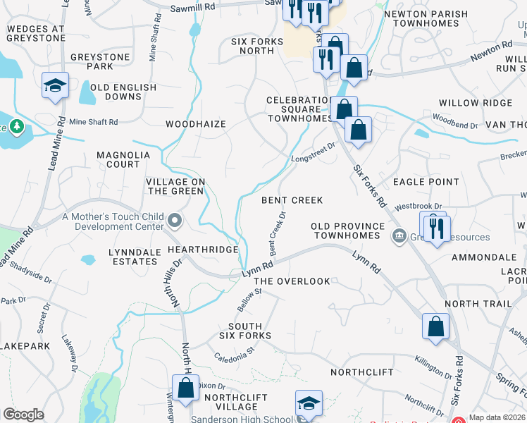 map of restaurants, bars, coffee shops, grocery stores, and more near 6540 English Oaks Drive in Raleigh