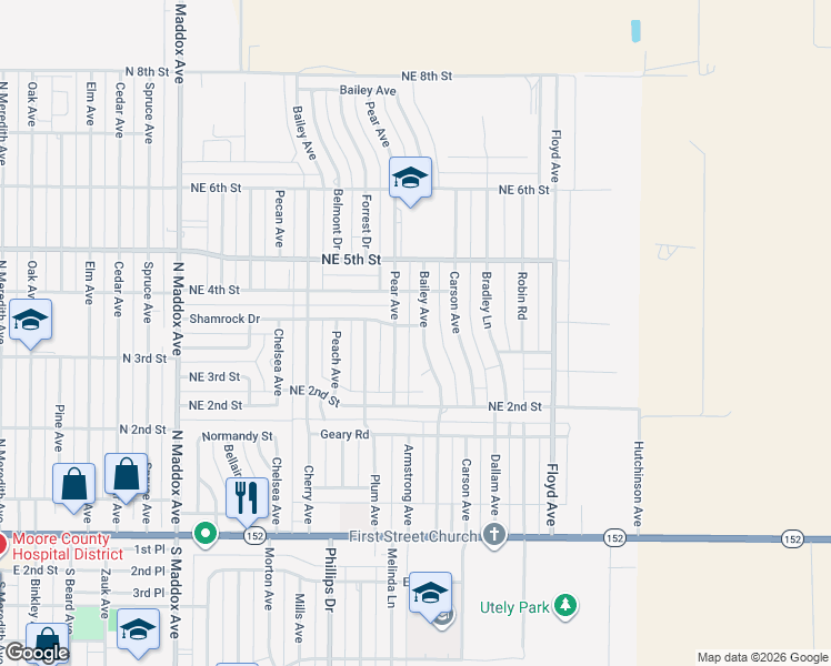 map of restaurants, bars, coffee shops, grocery stores, and more near 216 Pear Avenue in Dumas