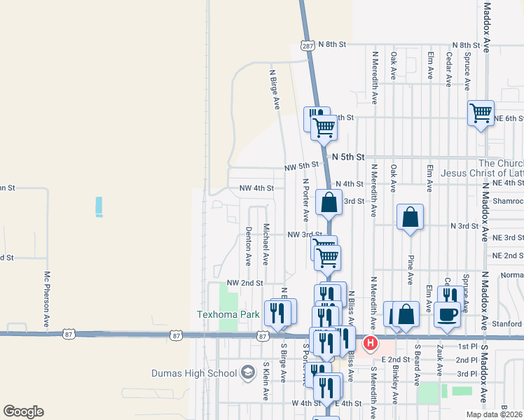 map of restaurants, bars, coffee shops, grocery stores, and more near 301-399 Michael Avenue in Dumas