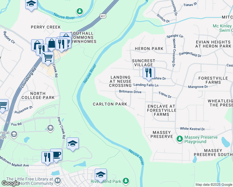 map of restaurants, bars, coffee shops, grocery stores, and more near 3004 Britmass Drive in Raleigh