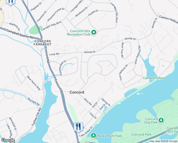 map of restaurants, bars, coffee shops, grocery stores, and more near 11228 Concord Woods Drive in Knoxville