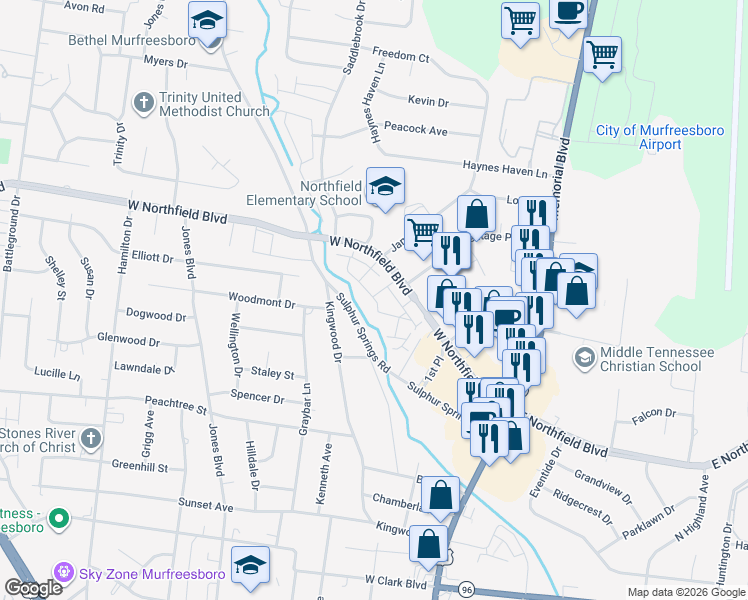 map of restaurants, bars, coffee shops, grocery stores, and more near 415 West Northfield Boulevard in Murfreesboro