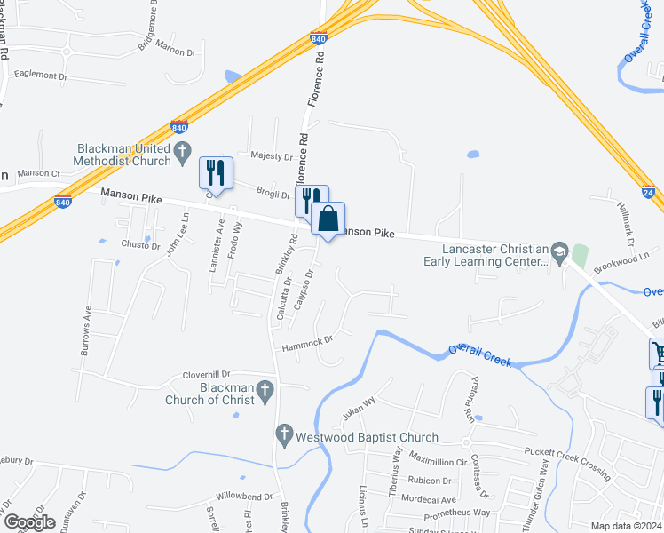 map of restaurants, bars, coffee shops, grocery stores, and more near 1757 Cozumel Court in Murfreesboro