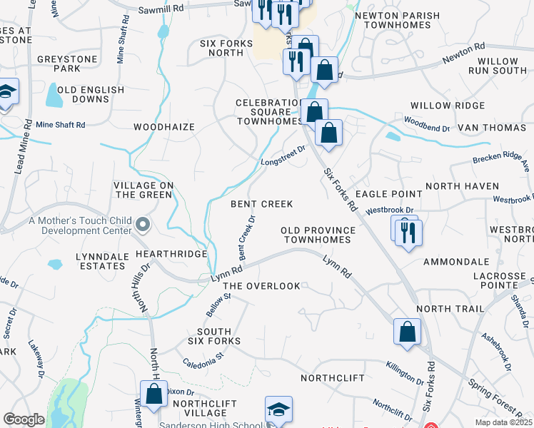 map of restaurants, bars, coffee shops, grocery stores, and more near 6618 English Ivy Lane in Raleigh