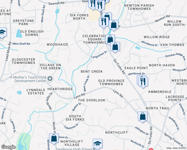 map of restaurants, bars, coffee shops, grocery stores, and more near 6618 English Ivy Lane in Raleigh