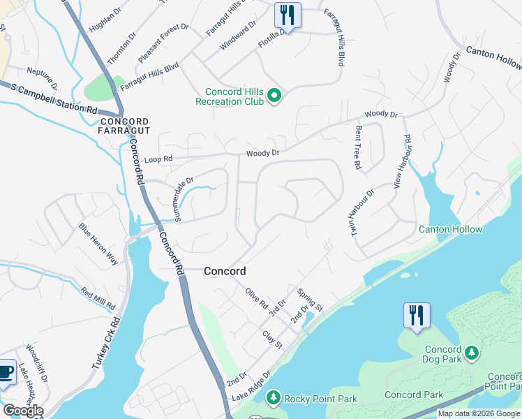 map of restaurants, bars, coffee shops, grocery stores, and more near 11228 Concord Woods Drive in Knoxville