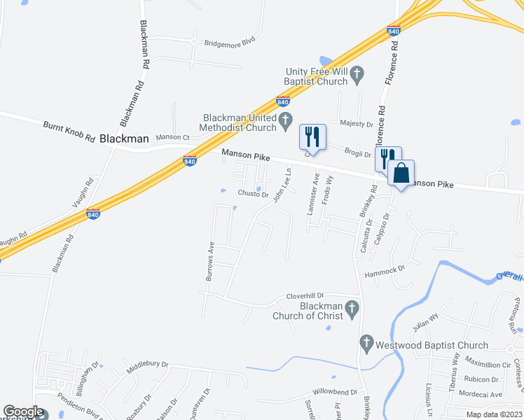 map of restaurants, bars, coffee shops, grocery stores, and more near 1710 John Lee Lane in Murfreesboro