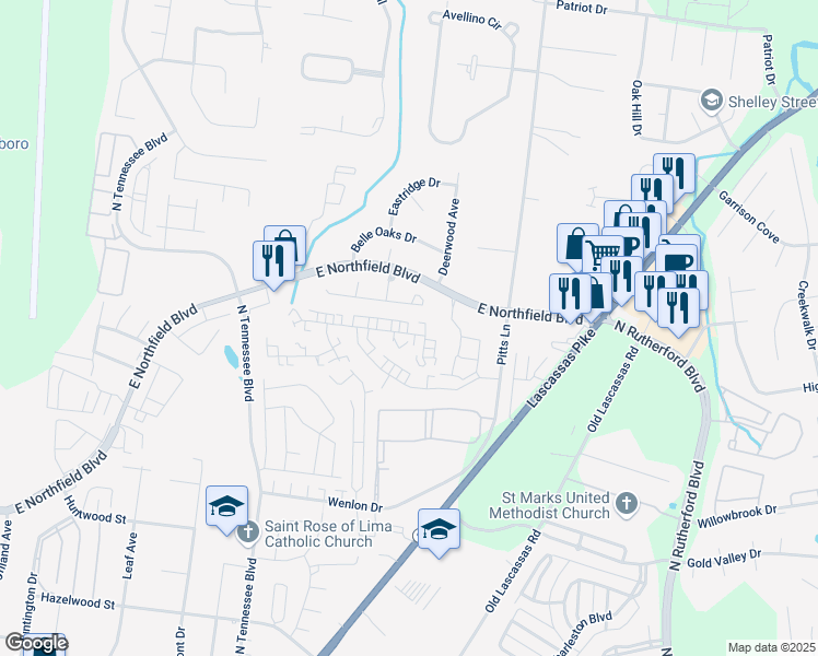 map of restaurants, bars, coffee shops, grocery stores, and more near 1487 Benley Street in Murfreesboro