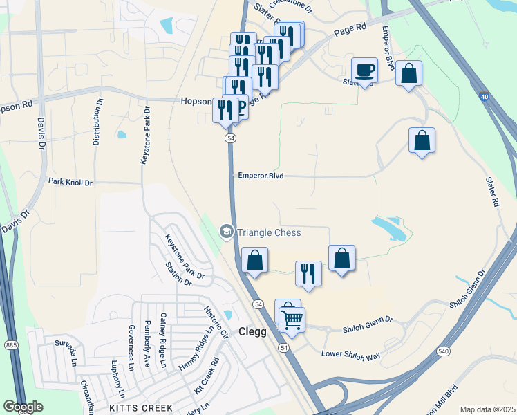 map of restaurants, bars, coffee shops, grocery stores, and more near 5827 South Miami Boulevard in Morrisville