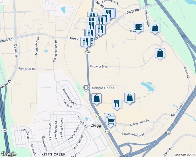 map of restaurants, bars, coffee shops, grocery stores, and more near 5827 South Miami Boulevard in Morrisville