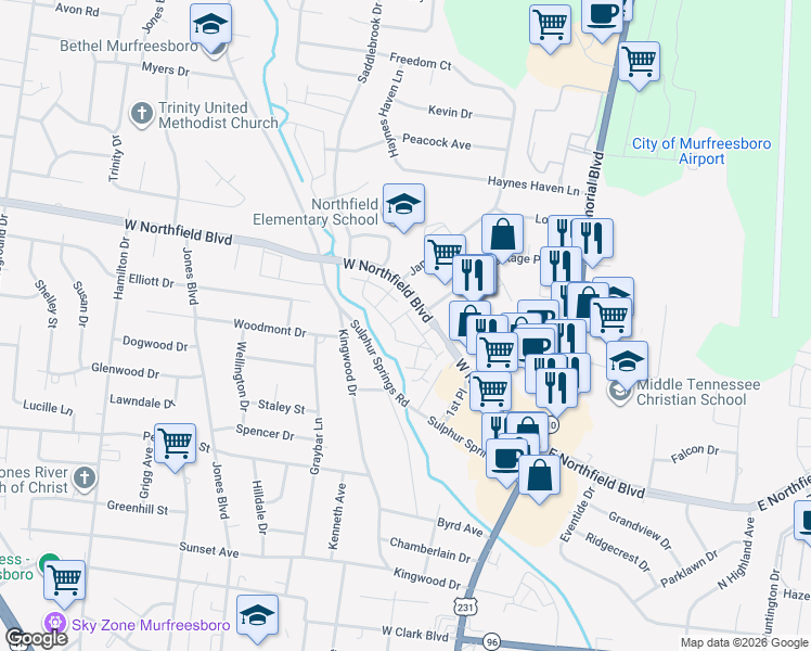 map of restaurants, bars, coffee shops, grocery stores, and more near 415 West Northfield Boulevard in Murfreesboro