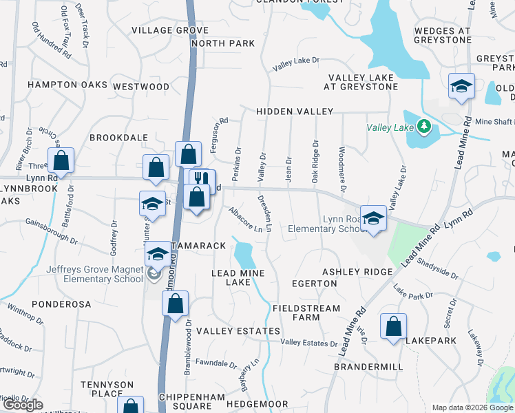 map of restaurants, bars, coffee shops, grocery stores, and more near 6525 Dresden Lane in Raleigh