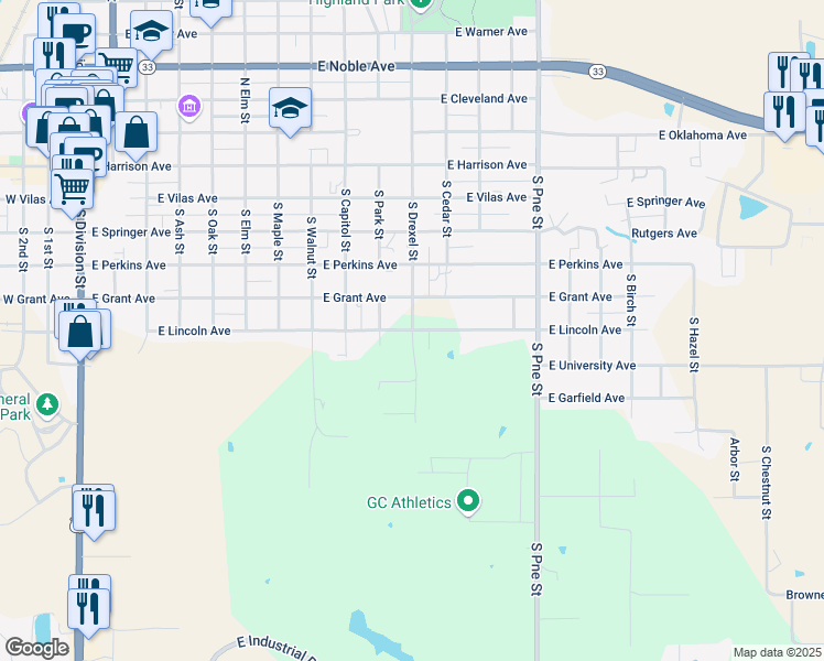 map of restaurants, bars, coffee shops, grocery stores, and more near East Lincoln Avenue in Guthrie