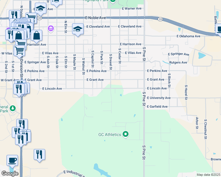 map of restaurants, bars, coffee shops, grocery stores, and more near East Lincoln Avenue in Guthrie