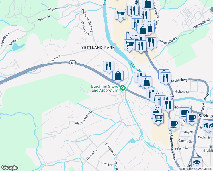 map of restaurants, bars, coffee shops, grocery stores, and more near 115 Hazel Drive in Sevierville