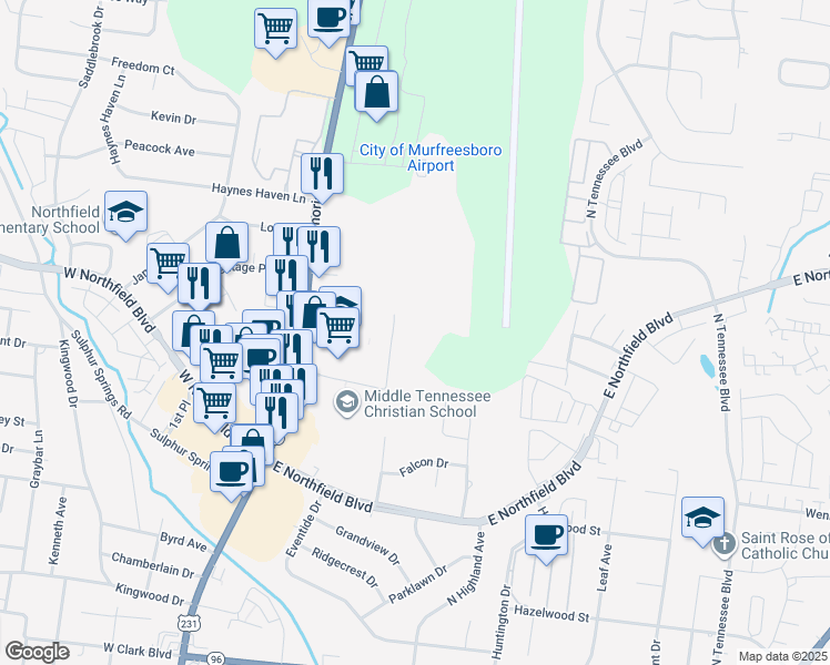 map of restaurants, bars, coffee shops, grocery stores, and more near 240 MTCS Road in Murfreesboro